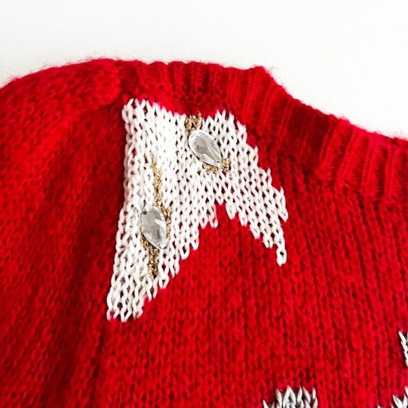 Vtg Lilly Of California Red Sweater Big Flower Gems Embellished Fringe Size M - Picture 3 of 10